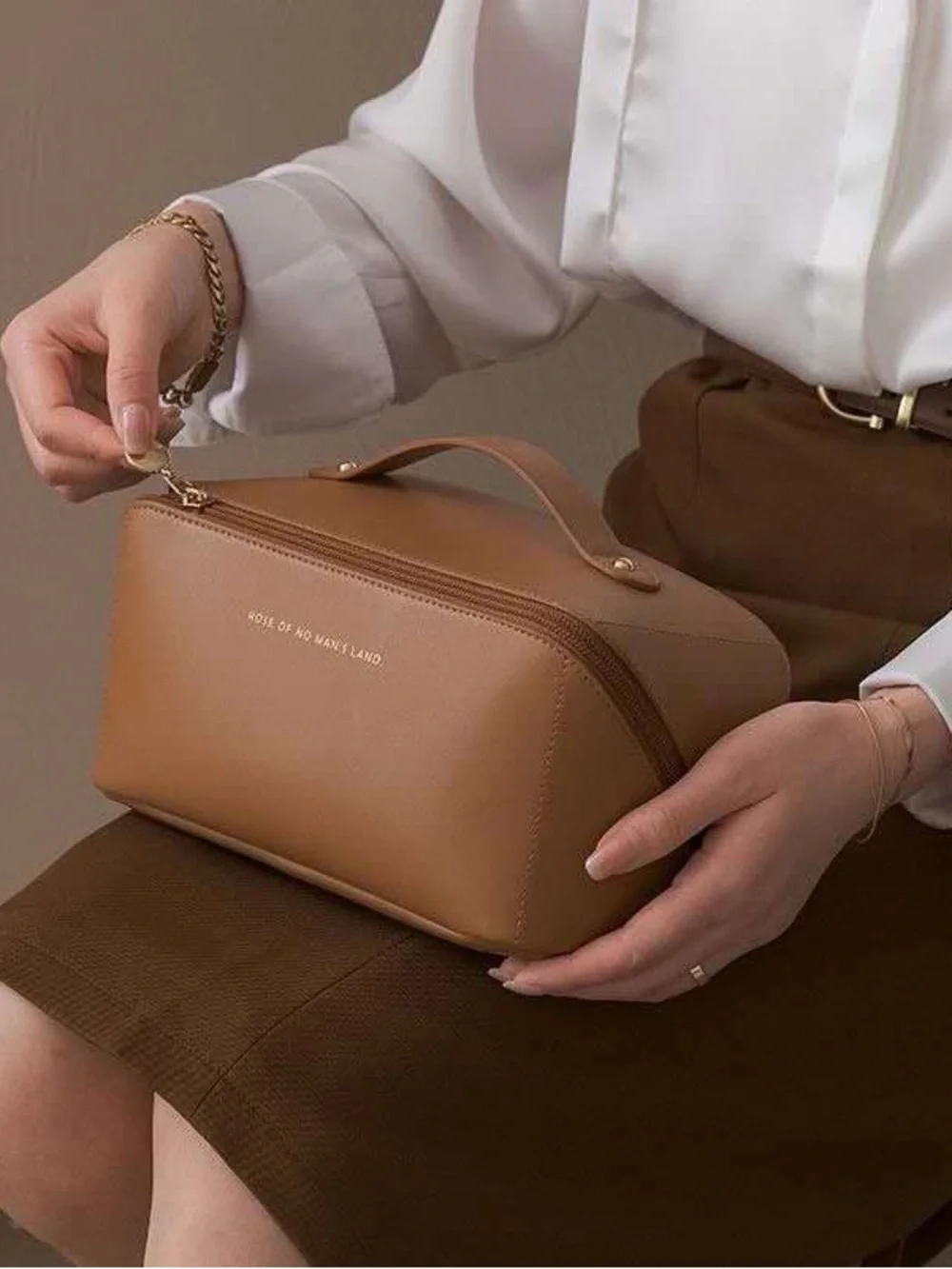 Cream Top-Handle Cosmetic Bag